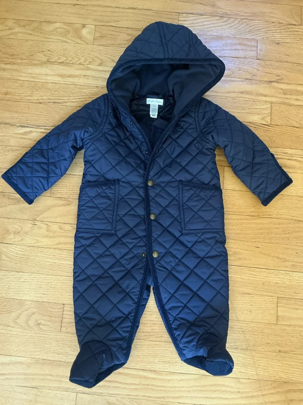 Ralph Lauren Navy Quilted Hooded Baby One-Piece 6 months